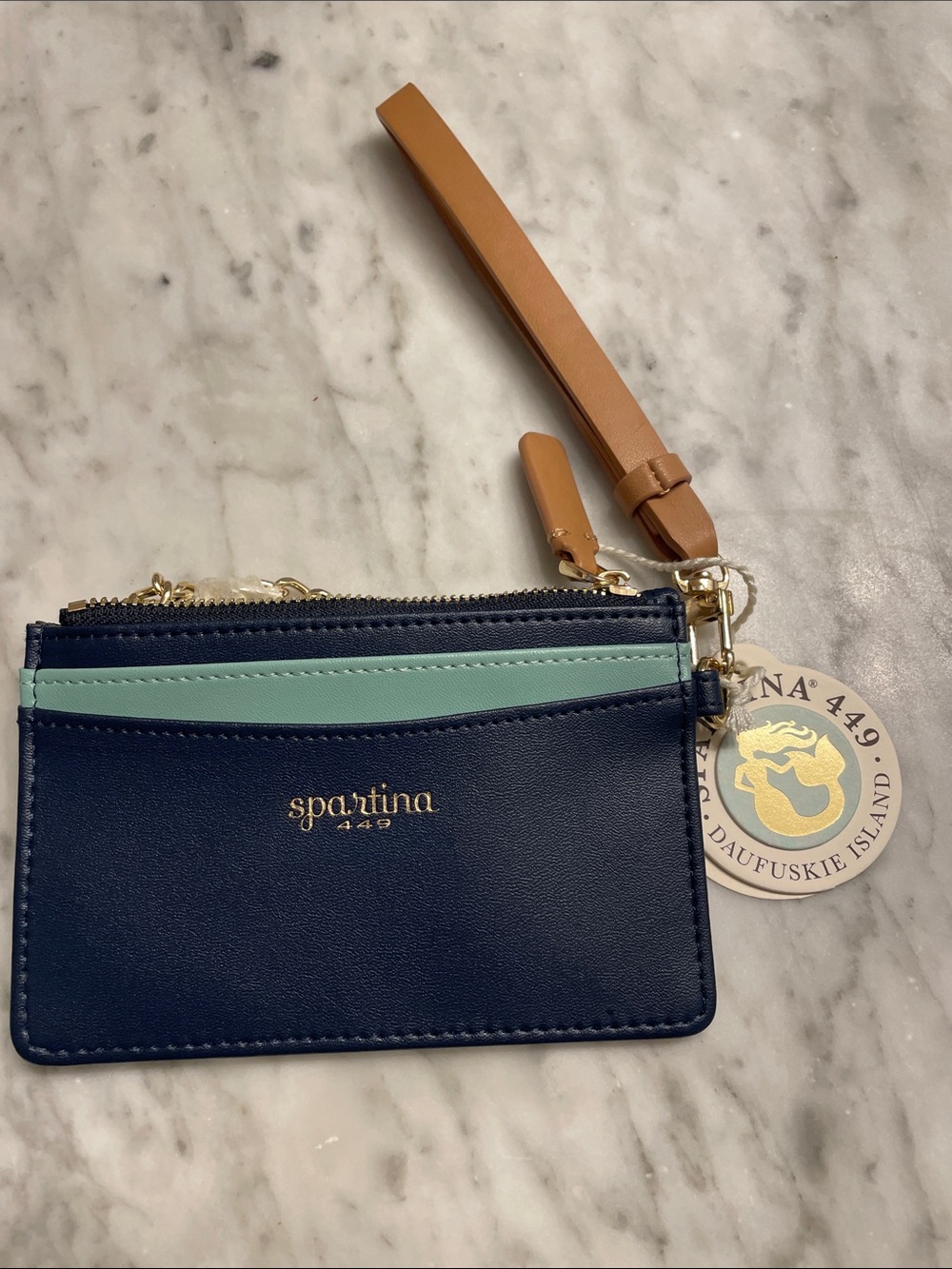 Spartina 449 Navy and Mint Leather Wristlet Card Case with Tan Strap